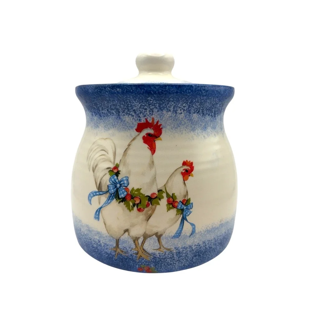 Vintage Ceramic Rooster Hen Storage Jar Lid Blue Chicken Farmhouse Canister 7